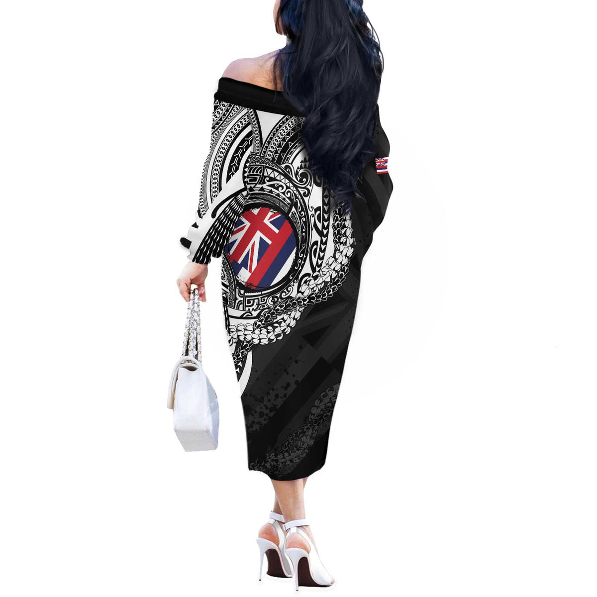 Hawaii Flag Day Off The Shoulder Long Sleeve Dress Hawaiian Maile Lei