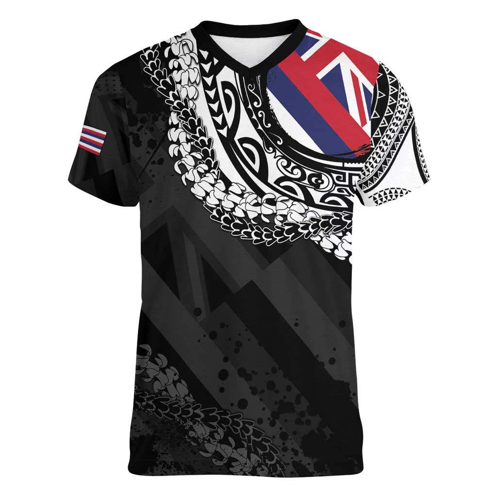 Hawaii Flag Day Women V-Neck T-Shirt Hawaiian Maile Lei LT05 Female Black - Polynesian Pride