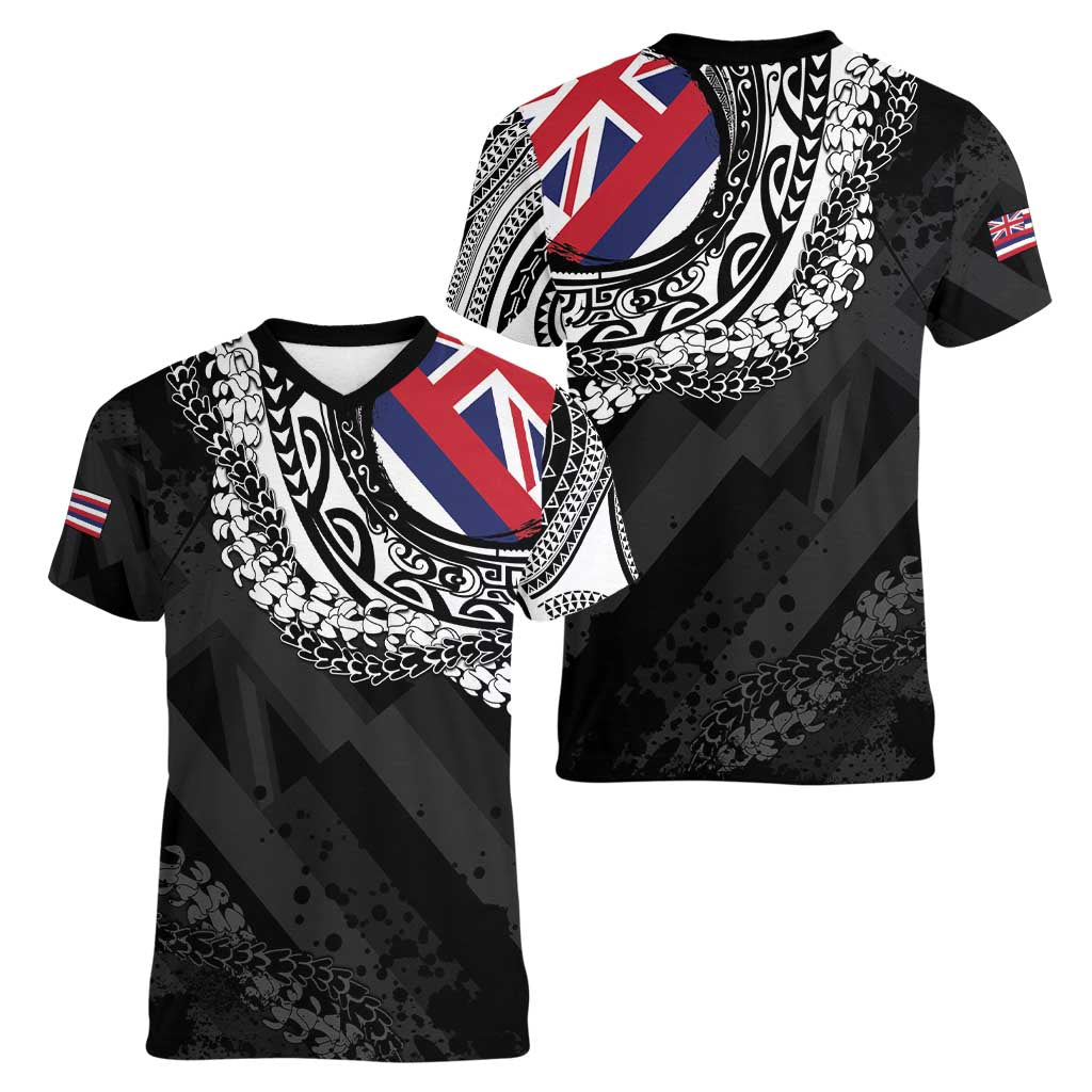 Hawaii Flag Day Women V-Neck T-Shirt Hawaiian Maile Lei LT05 - Polynesian Pride