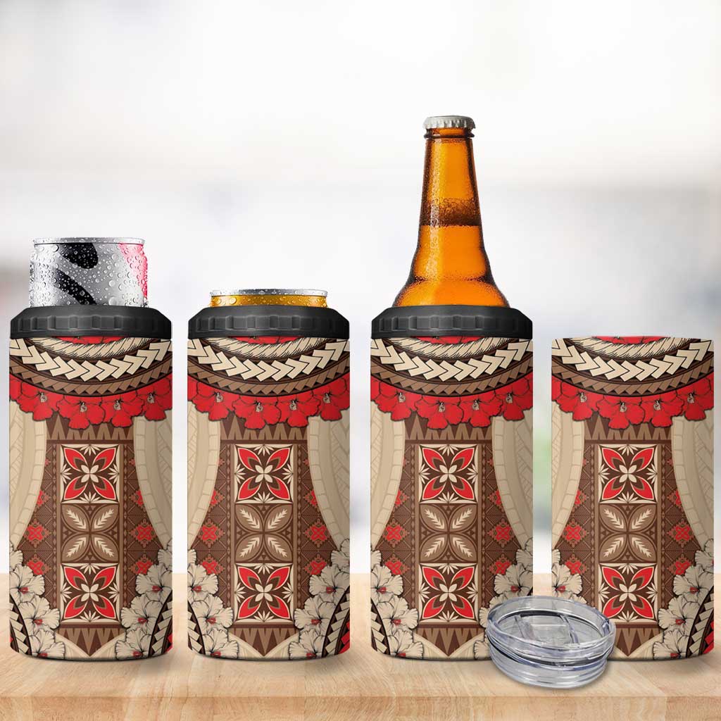 Samoa Language Week 4 in 1 Can Cooler Tumbler Samoan Motif With Red Hibiscus