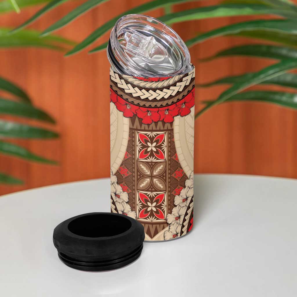 Samoa Language Week 4 in 1 Can Cooler Tumbler Samoan Motif With Red Hibiscus