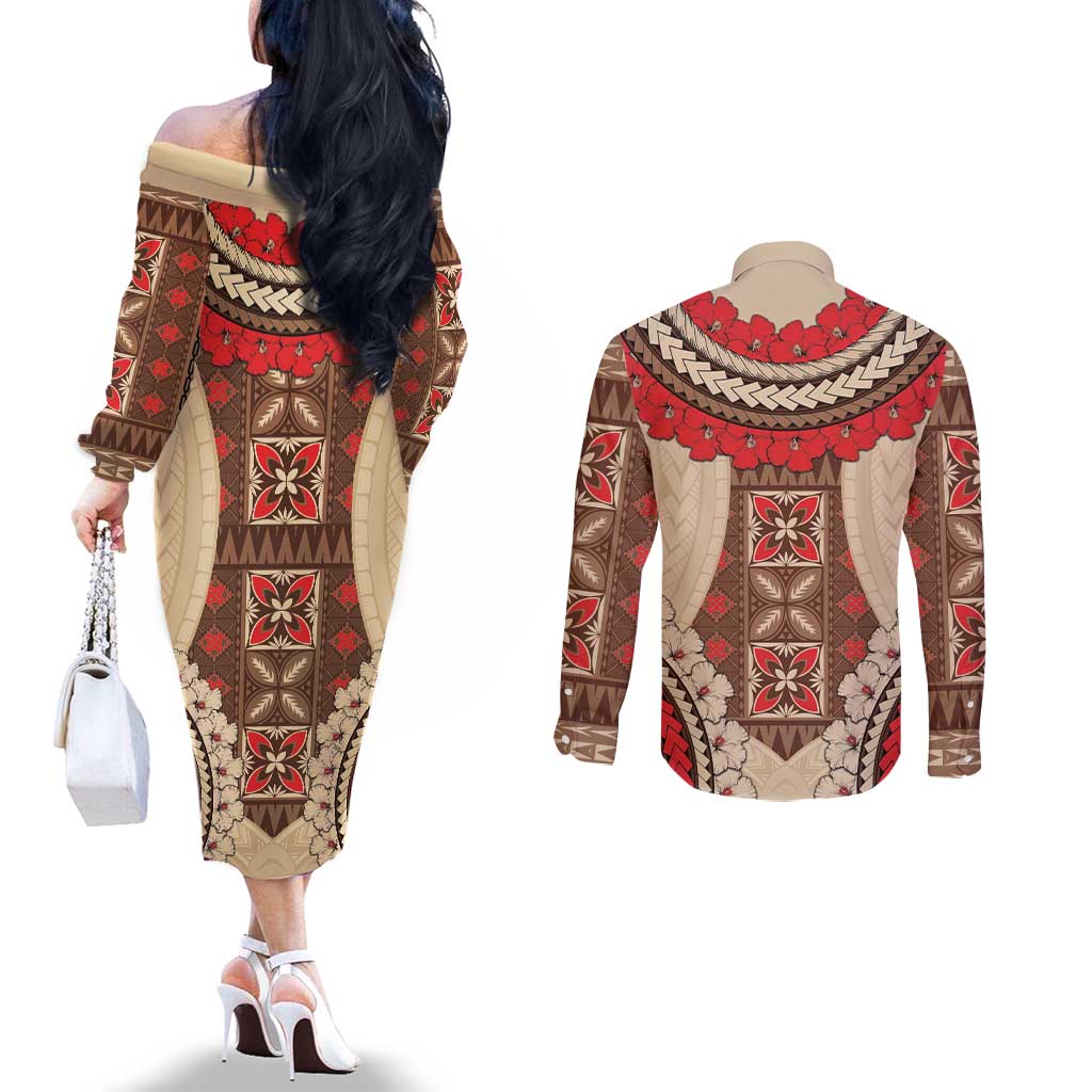 Samoa Language Week Couples Matching Off The Shoulder Long Sleeve Dress and Long Sleeve Button Shirt Samoan Motif With Red Hibiscus