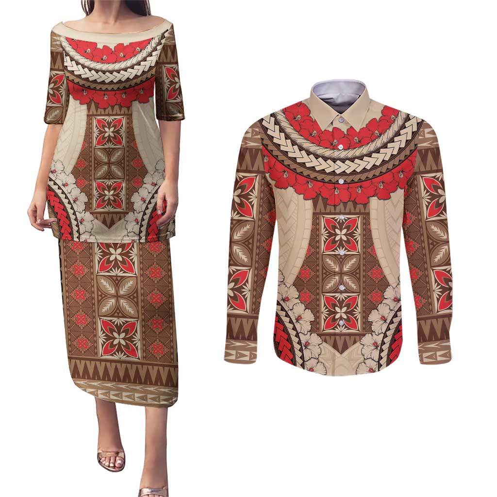 Samoa Language Week Couples Matching Puletasi and Long Sleeve Button Shirt Samoan Motif With Red Hibiscus LT05 Beige - Polynesian Pride