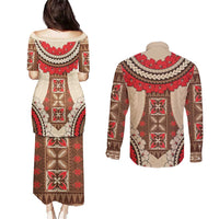 Samoa Language Week Couples Matching Puletasi and Long Sleeve Button Shirt Samoan Motif With Red Hibiscus LT05 - Polynesian Pride