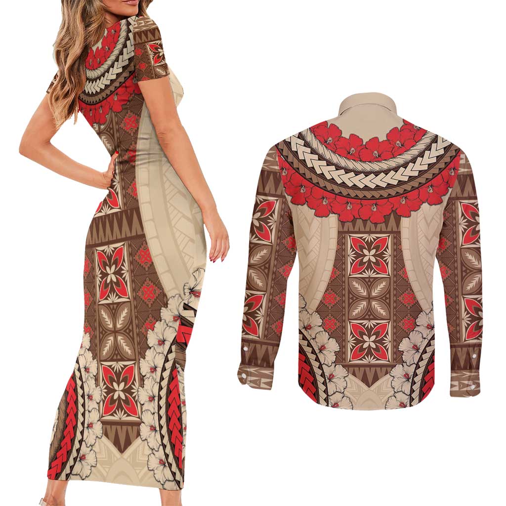 Samoa Language Week Couples Matching Short Sleeve Bodycon Dress and Long Sleeve Button Shirt Samoan Motif With Red Hibiscus