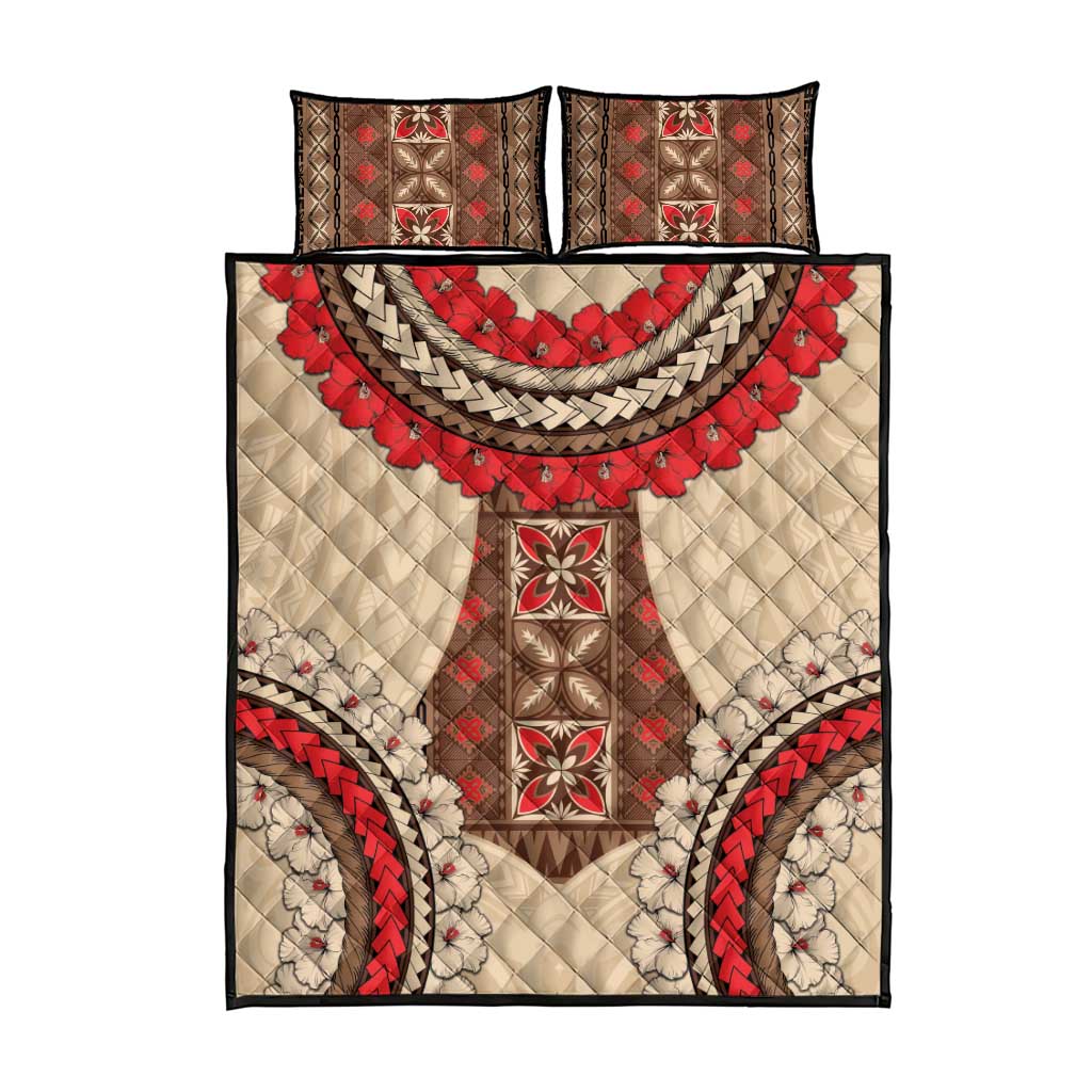 Samoa Language Week Quilt Bed Set Samoan Motif With Red Hibiscus