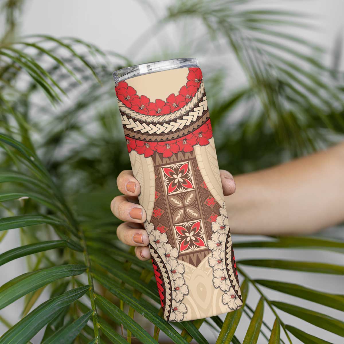 Samoa Language Week Skinny Tumbler Samoan Motif With Red Hibiscus