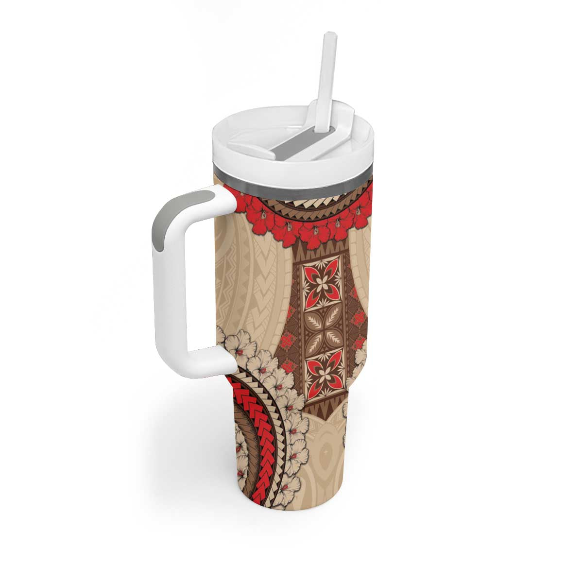 Samoa Language Week Tumbler With Handle Samoan Motif With Red Hibiscus