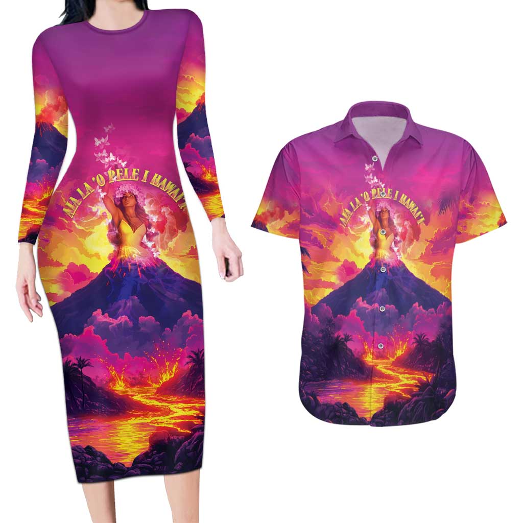 Hawaii Kilauea Volcano Couples Matching Long Sleeve Bodycon Dress and Hawaiian Shirt There Is Pele Goddess Of The Volcano - Polynesian Pride