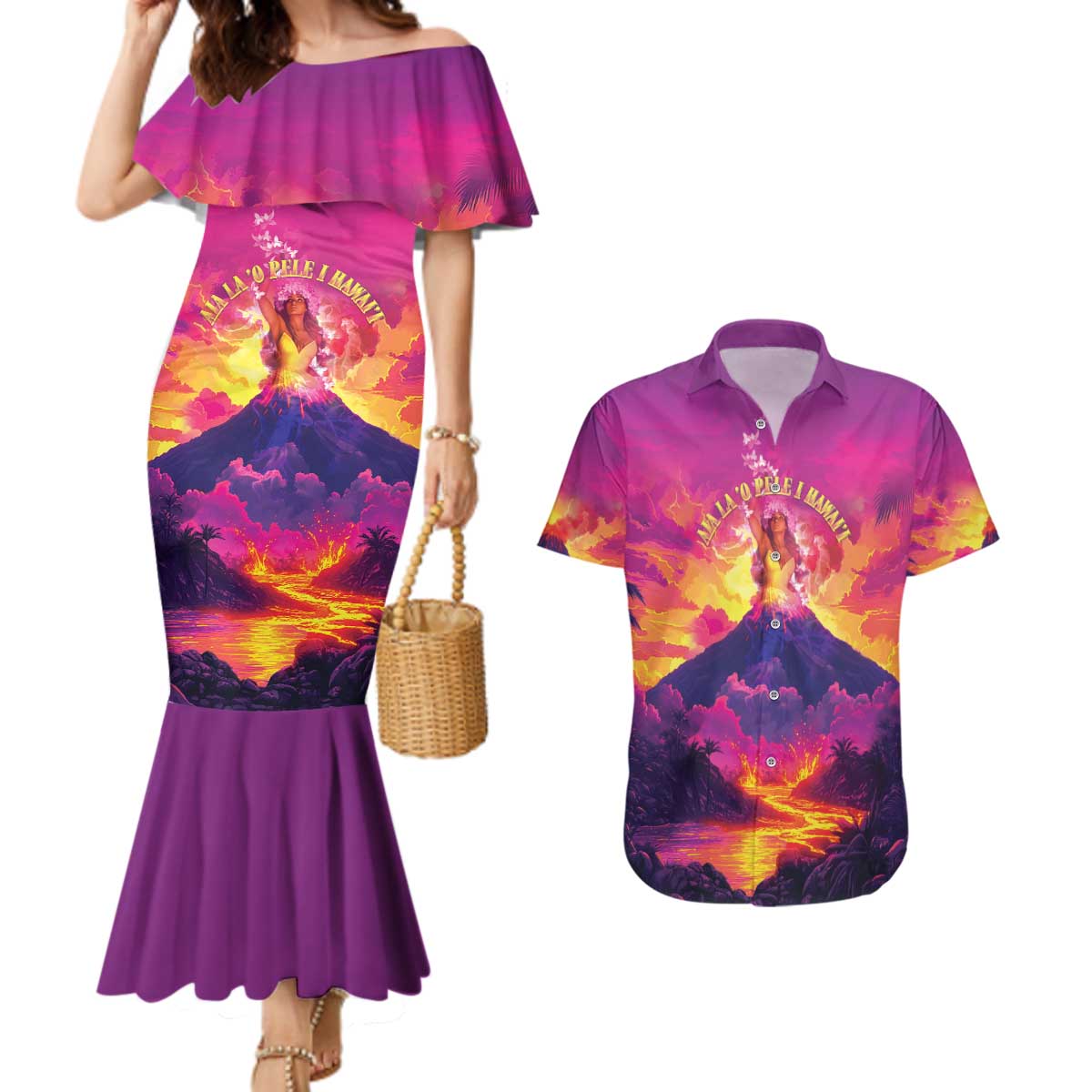 Hawaii Kilauea Volcano Couples Matching Mermaid Dress and Hawaiian Shirt There Is Pele Goddess Of The Volcano - Polynesian Pride