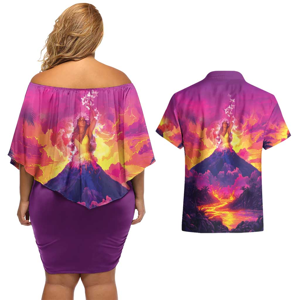 Hawaii Kilauea Volcano Couples Matching Off Shoulder Short Dress and Hawaiian Shirt There Is Pele Goddess Of The Volcano - Polynesian Pride