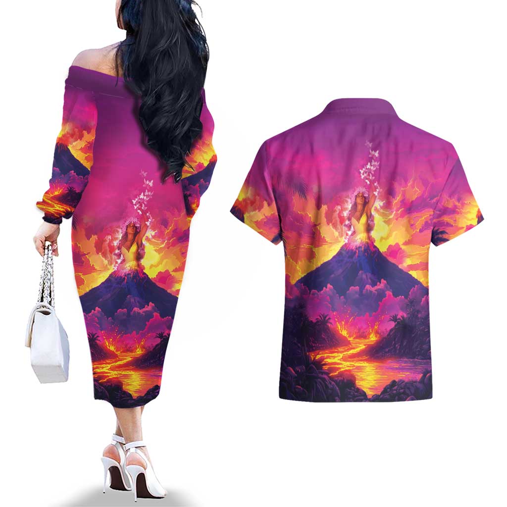 Hawaii Kilauea Volcano Couples Matching Off The Shoulder Long Sleeve Dress and Hawaiian Shirt There Is Pele Goddess Of The Volcano - Polynesian Pride