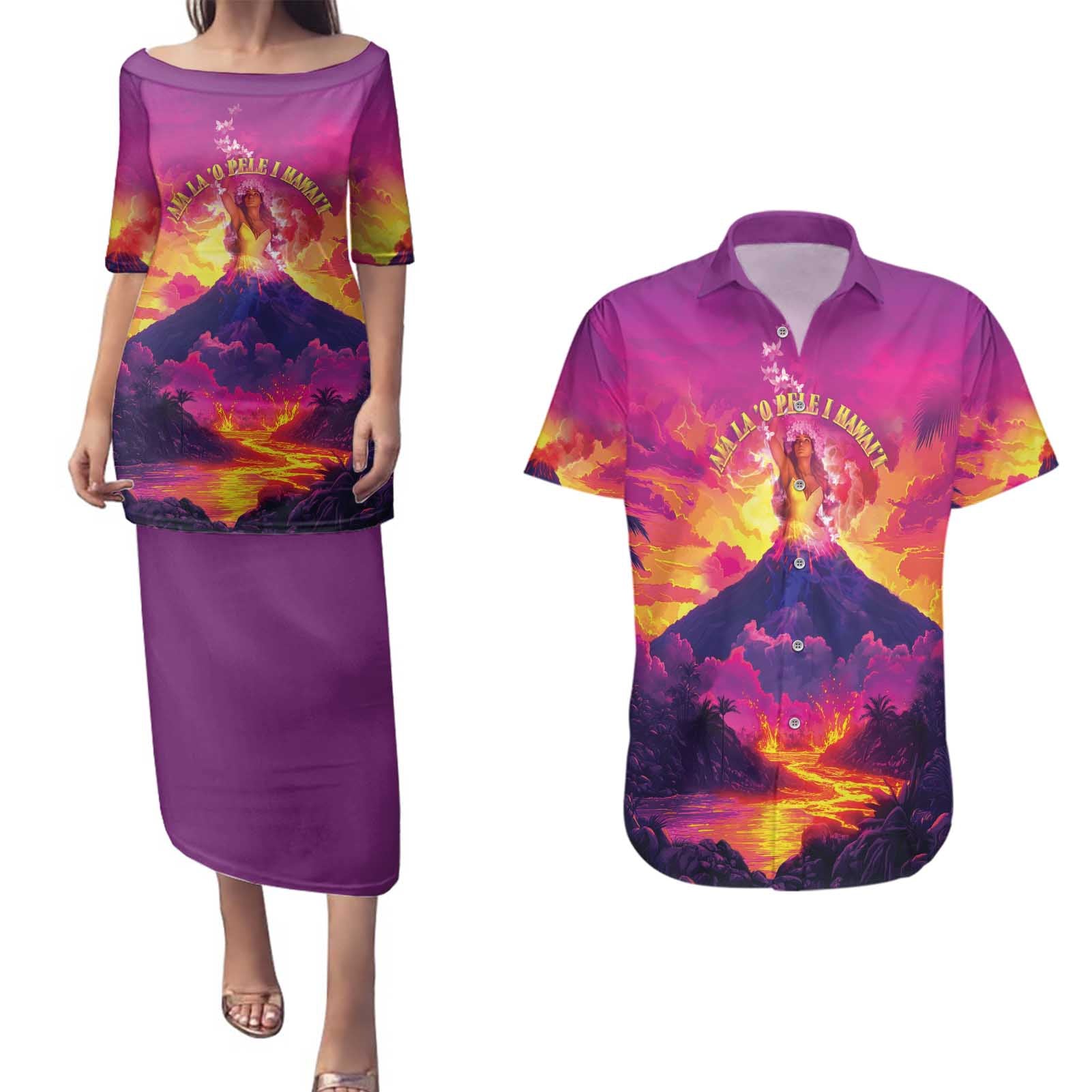 Hawaii Kilauea Volcano Couples Matching Puletasi and Hawaiian Shirt There Is Pele Goddess Of The Volcano - Polynesian Pride