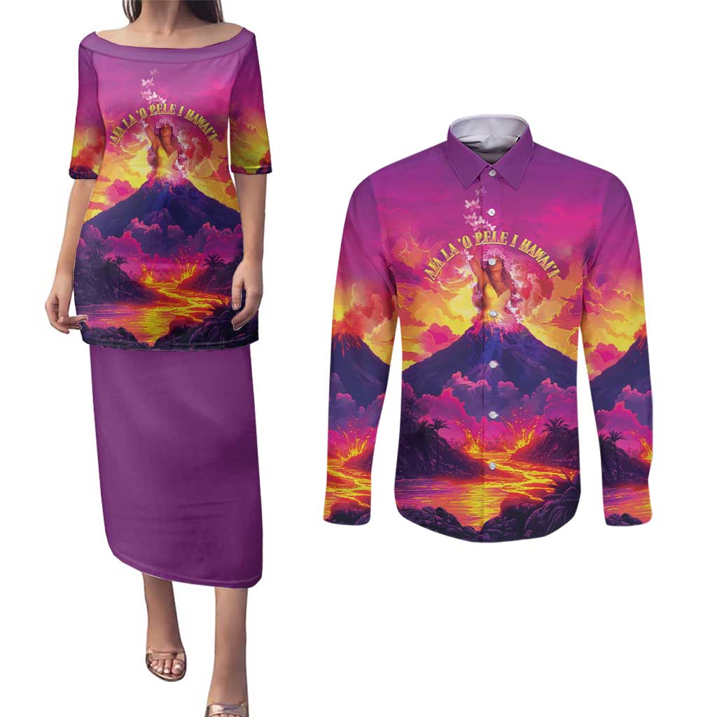 Hawaii Kilauea Volcano Couples Matching Puletasi and Long Sleeve Button Shirt There Is Pele Goddess Of The Volcano LT05 Purple - Polynesian Pride