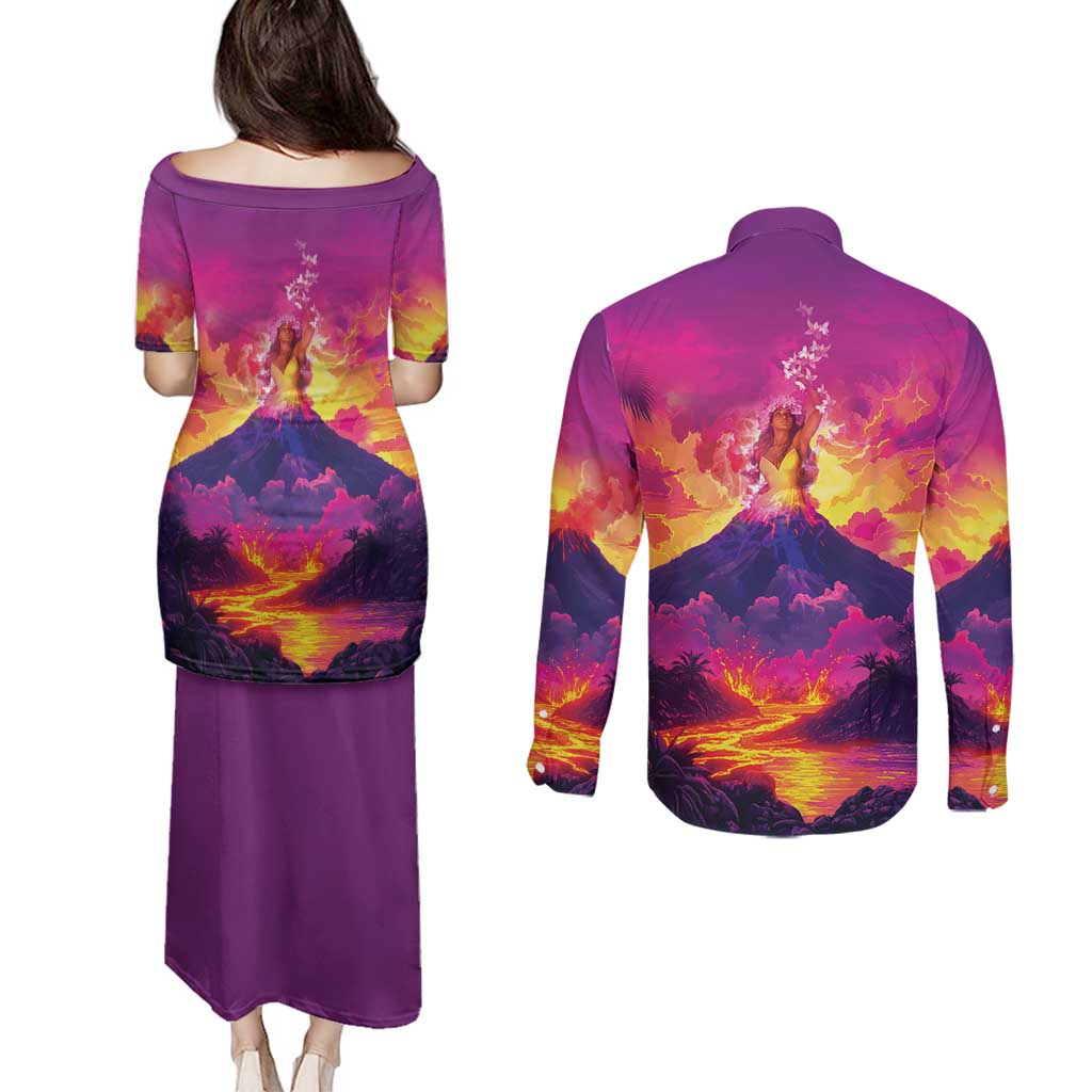 Hawaii Kilauea Volcano Couples Matching Puletasi and Long Sleeve Button Shirt There Is Pele Goddess Of The Volcano LT05 - Polynesian Pride