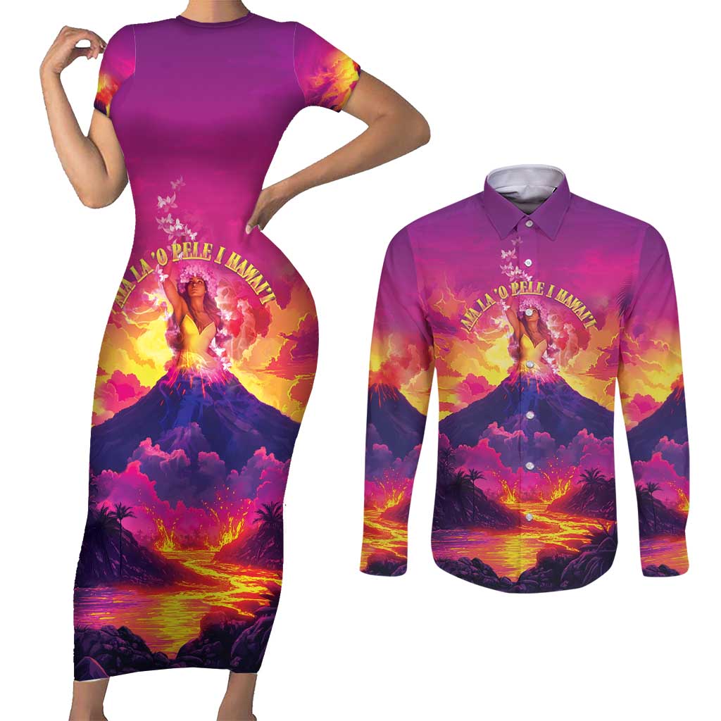 Hawaii Kilauea Volcano Couples Matching Short Sleeve Bodycon Dress and Long Sleeve Button Shirt There Is Pele Goddess Of The Volcano LT05 Purple - Polynesian Pride