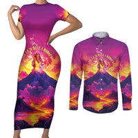 Hawaii Kilauea Volcano Couples Matching Short Sleeve Bodycon Dress and Long Sleeve Button Shirt There Is Pele Goddess Of The Volcano LT05 Purple - Polynesian Pride