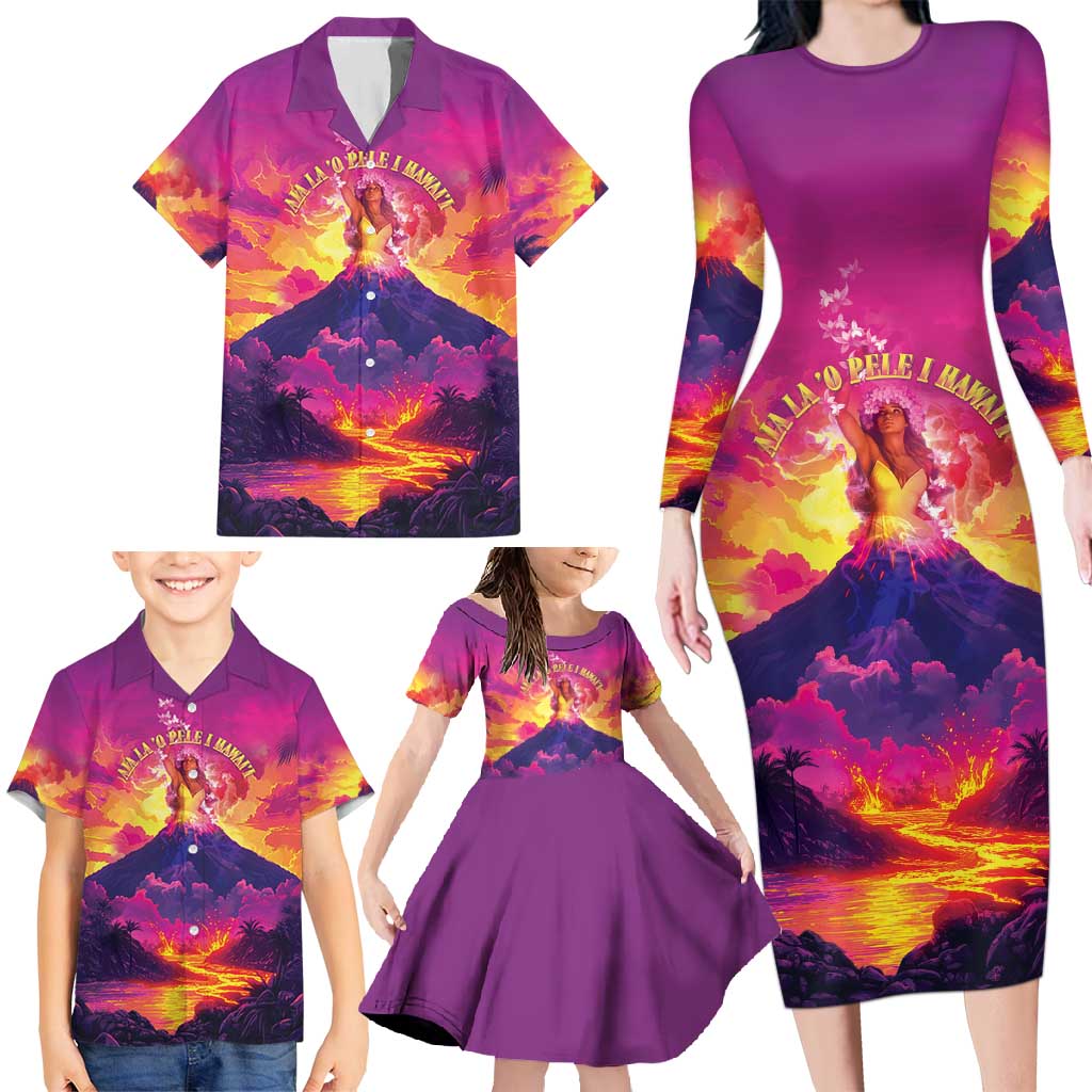 Hawaii Kilauea Volcano Family Matching Long Sleeve Bodycon Dress and Hawaiian Shirt There Is Pele Goddess Of The Volcano - Polynesian Pride