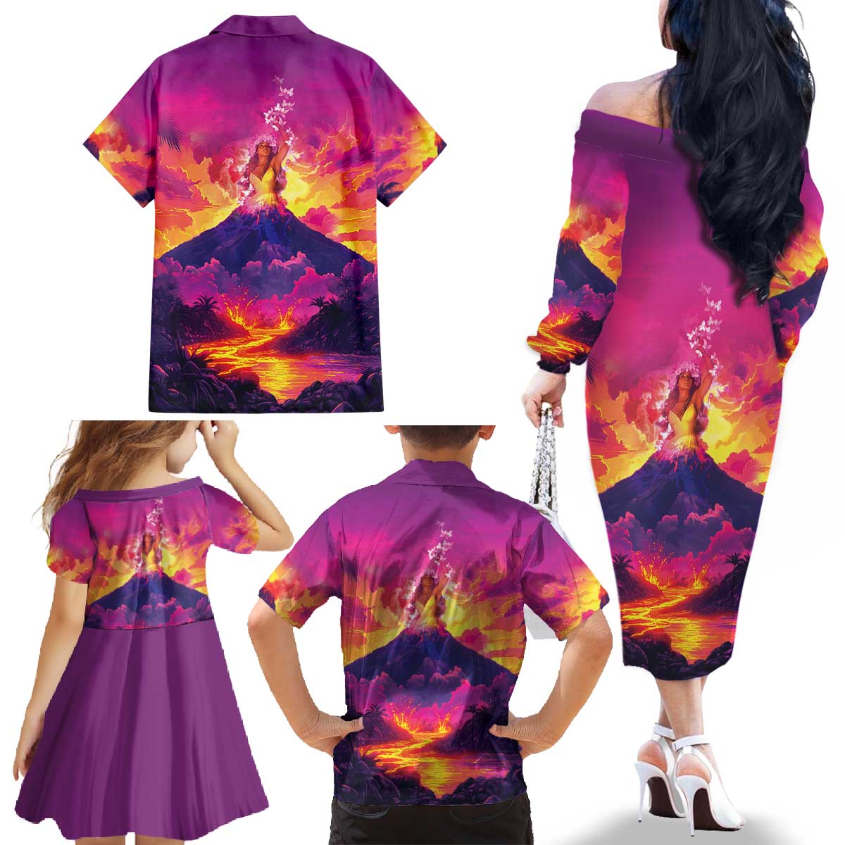 Hawaii Kilauea Volcano Family Matching Off The Shoulder Long Sleeve Dress and Hawaiian Shirt There Is Pele Goddess Of The Volcano - Polynesian Pride