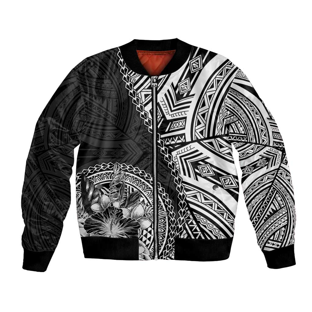 Hibiscus With Black Austronesian Tattoo Pattern Bomber Jacket - Polynesian Pride