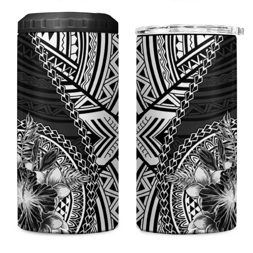 Hibiscus With Black Austronesian Tattoo Pattern 4 in 1 Can Cooler Tumbler - Polynesian Pride