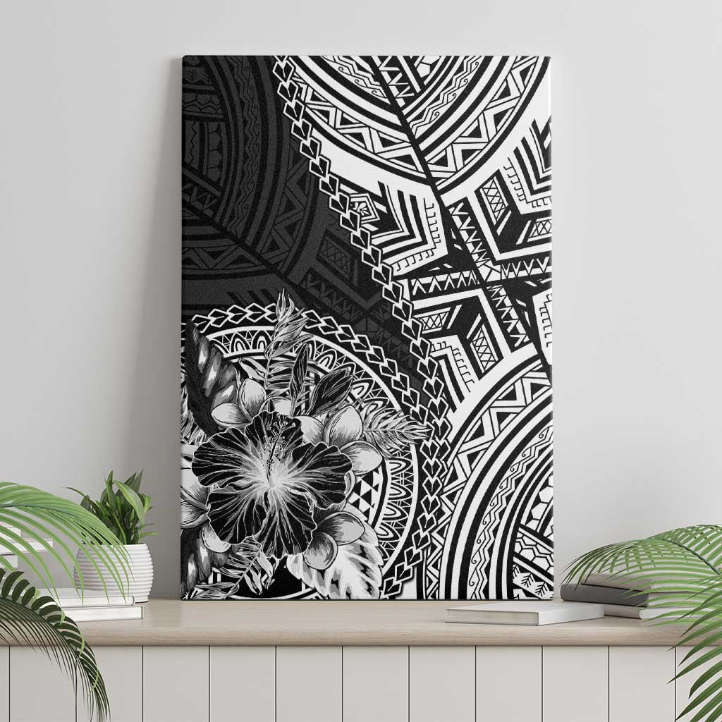 Hibiscus With Black Austronesian Tattoo Pattern Canvas Wall Art - Polynesian Pride
