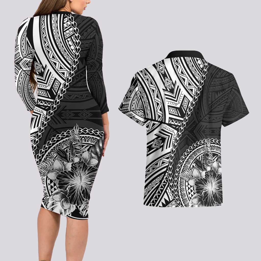 Hibiscus With Black Austronesian Tattoo Pattern Couples Matching Long Sleeve Bodycon Dress and Hawaiian Shirt - Polynesian Pride