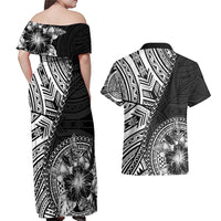 Hibiscus With Black Austronesian Tattoo Pattern Couples Matching Off Shoulder Maxi Dress and Hawaiian Shirt - Polynesian Pride