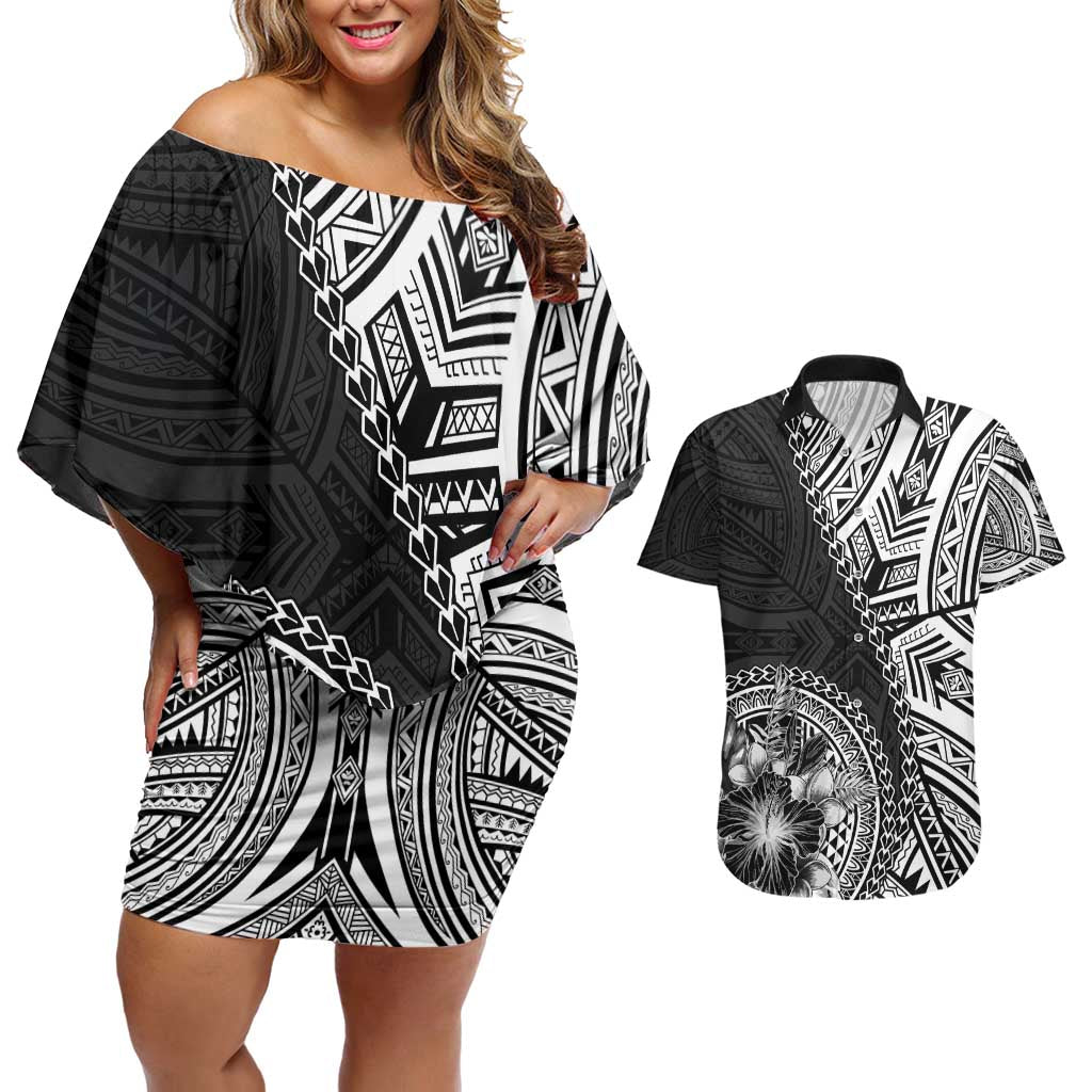 Hibiscus With Black Austronesian Tattoo Pattern Couples Matching Off Shoulder Short Dress and Hawaiian Shirt - Polynesian Pride