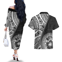 Hibiscus With Black Austronesian Tattoo Pattern Couples Matching Off The Shoulder Long Sleeve Dress and Hawaiian Shirt - Polynesian Pride