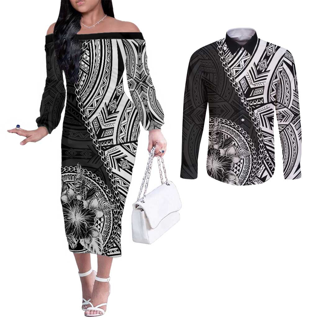 Hibiscus With Black Austronesian Tattoo Pattern Couples Matching Off The Shoulder Long Sleeve Dress and Long Sleeve Button Shirt - Polynesian Pride
