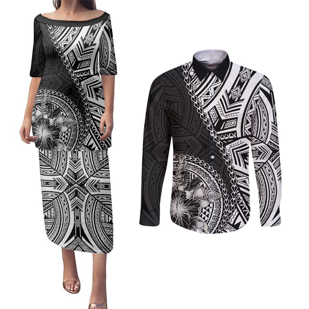 Hibiscus With Black Austronesian Tattoo Pattern Couples Matching Puletasi and Long Sleeve Button Shirt - Polynesian Pride