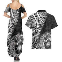 Hibiscus With Black Austronesian Tattoo Pattern Couples Matching Summer Maxi Dress and Hawaiian Shirt - Polynesian Pride