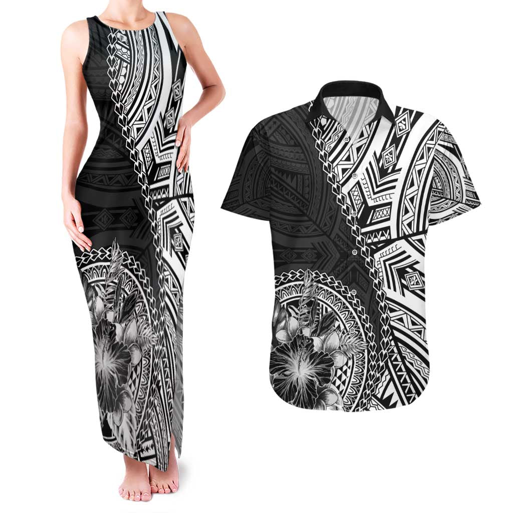 Hibiscus With Black Austronesian Tattoo Pattern Couples Matching Tank Maxi Dress and Hawaiian Shirt - Polynesian Pride