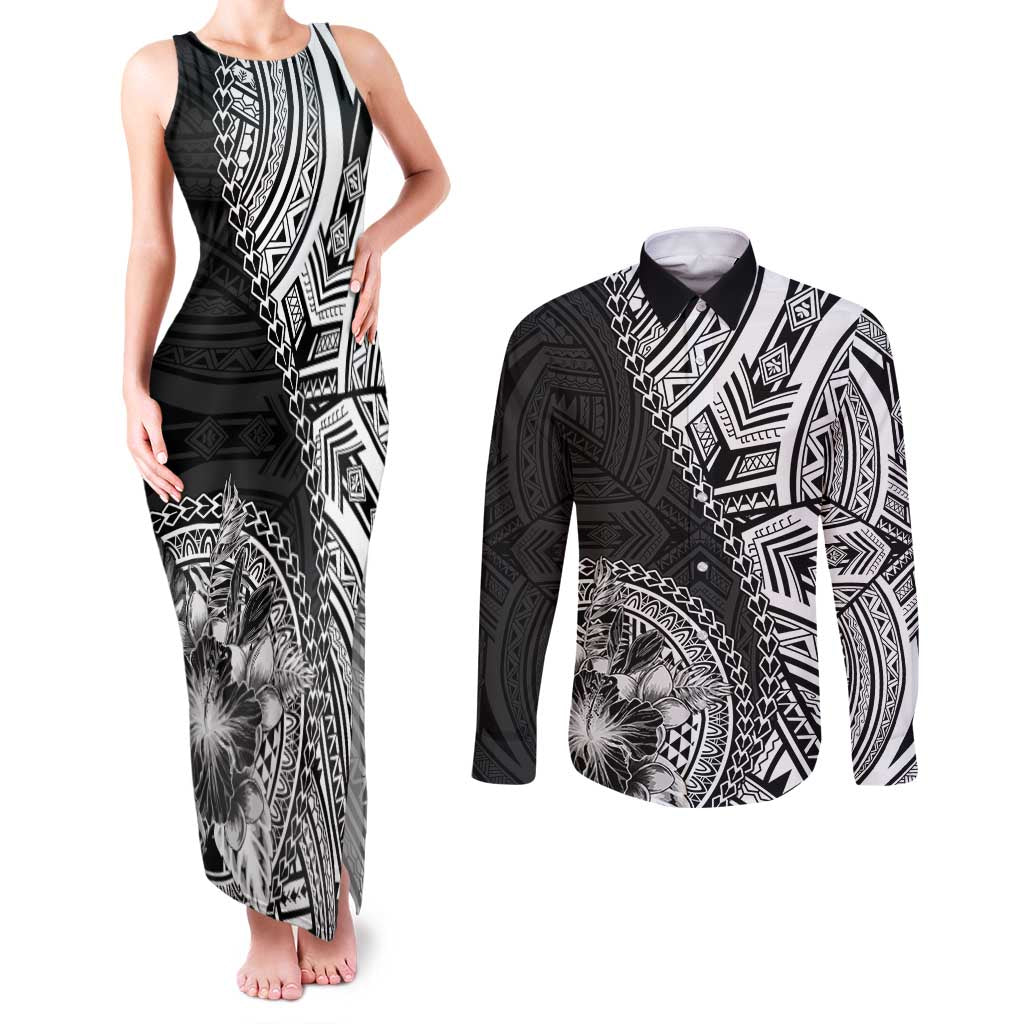 Hibiscus With Black Austronesian Tattoo Pattern Couples Matching Tank Maxi Dress and Long Sleeve Button Shirt LT05 Black - Polynesian Pride
