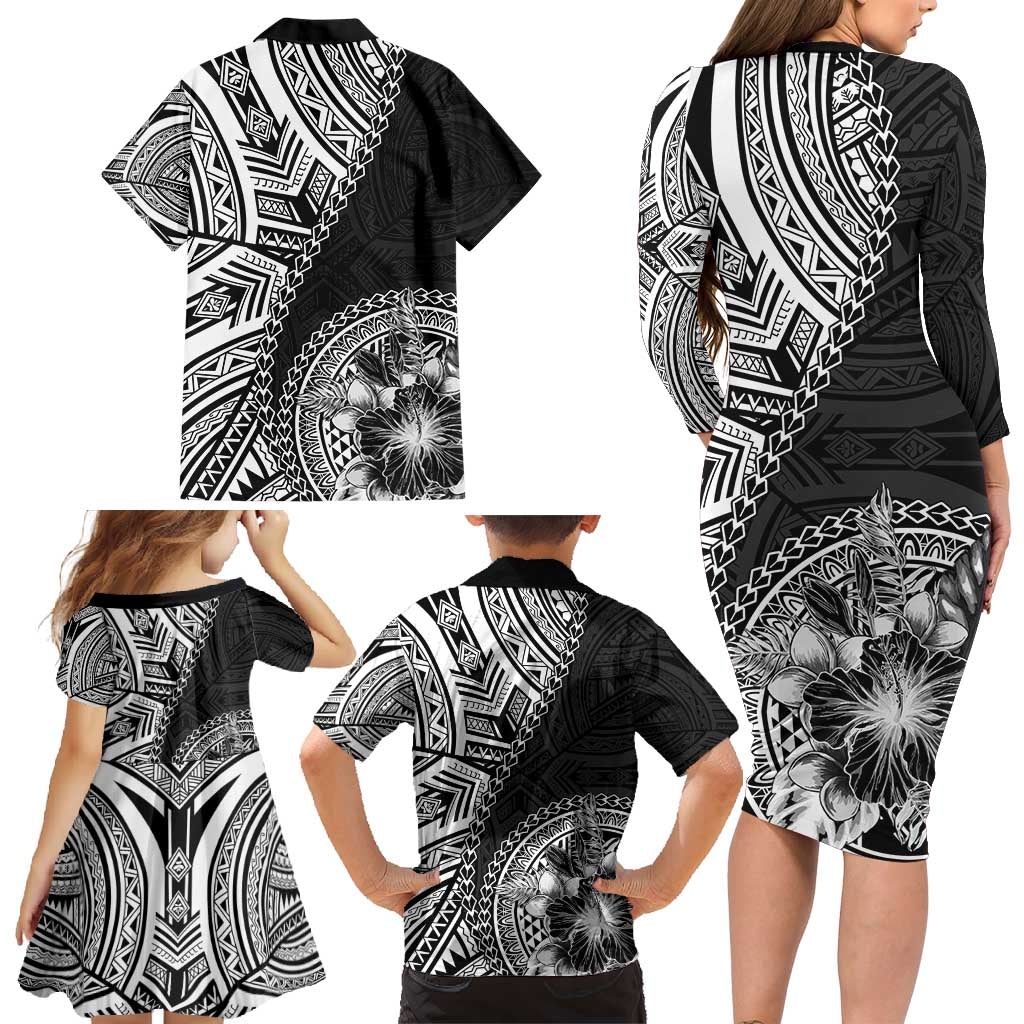 Hibiscus With Black Austronesian Tattoo Pattern Family Matching Long Sleeve Bodycon Dress and Hawaiian Shirt - Polynesian Pride