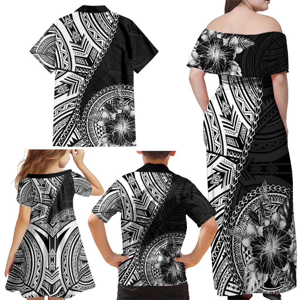 Hibiscus With Black Austronesian Tattoo Pattern Family Matching Off Shoulder Maxi Dress and Hawaiian Shirt - Polynesian Pride