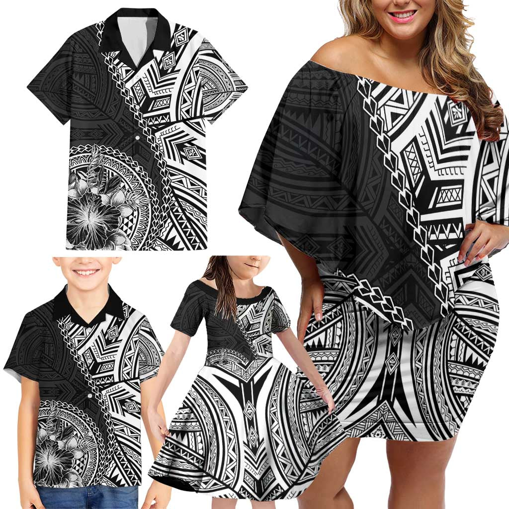 Hibiscus With Black Austronesian Tattoo Pattern Family Matching Off Shoulder Short Dress and Hawaiian Shirt - Polynesian Pride