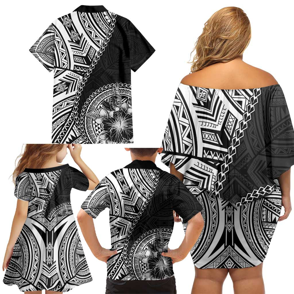 Hibiscus With Black Austronesian Tattoo Pattern Family Matching Off Shoulder Short Dress and Hawaiian Shirt - Polynesian Pride