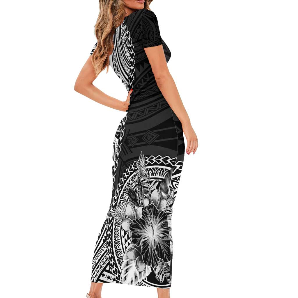 Hibiscus With Black Austronesian Tattoo Pattern Family Matching Short Sleeve Bodycon Dress and Hawaiian Shirt - Polynesian Pride