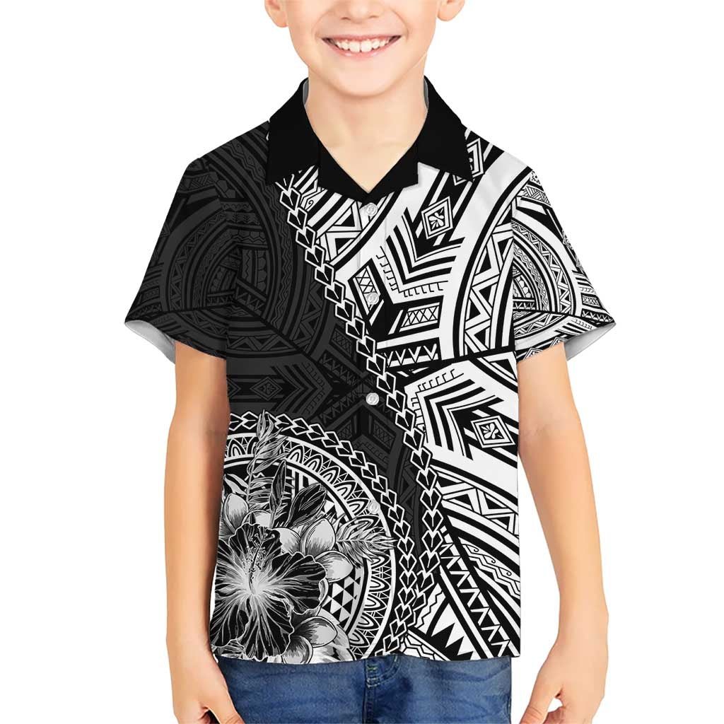 Hibiscus With Black Austronesian Tattoo Pattern Kid Hawaiian Shirt - Polynesian Pride