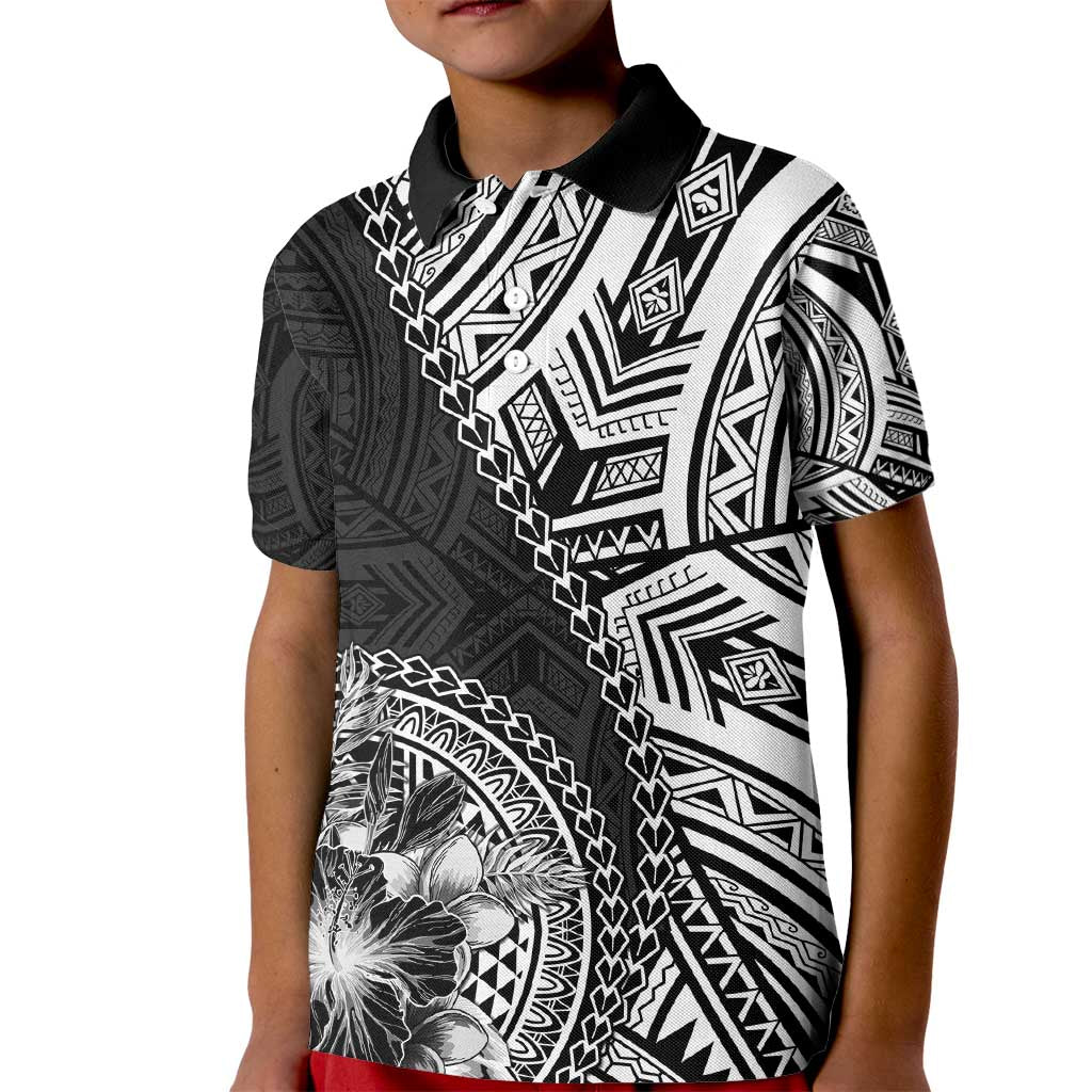 Hibiscus With Black Austronesian Tattoo Pattern Kid Polo Shirt LT05 Kid Black - Polynesian Pride
