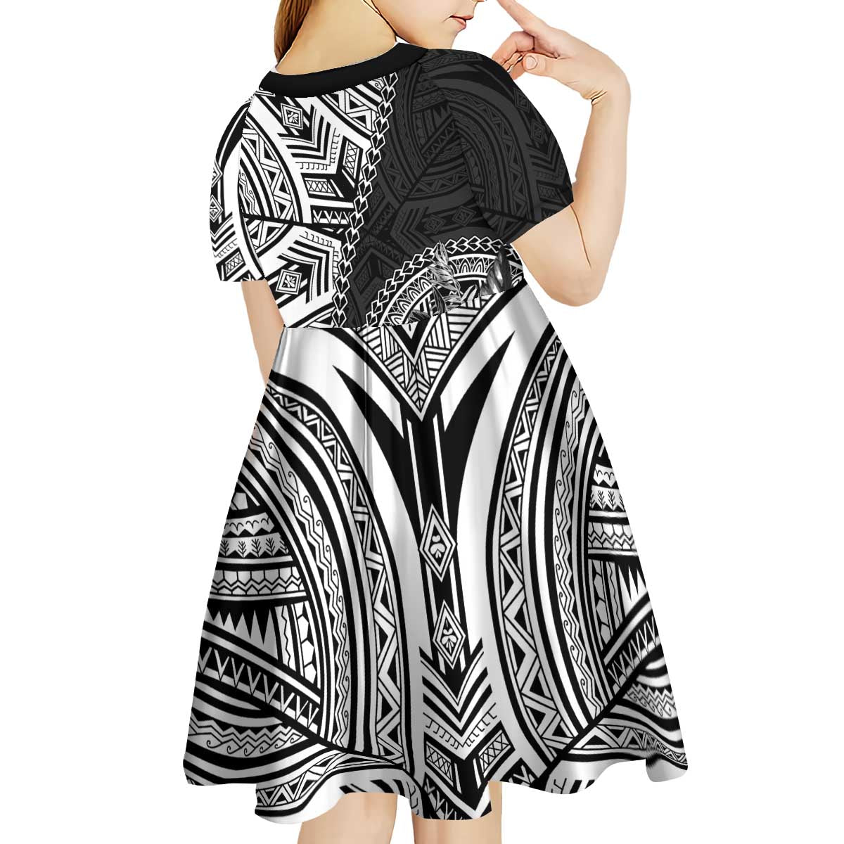 Hibiscus With Black Austronesian Tattoo Pattern Kid Short Sleeve Dress LT05 - Polynesian Pride