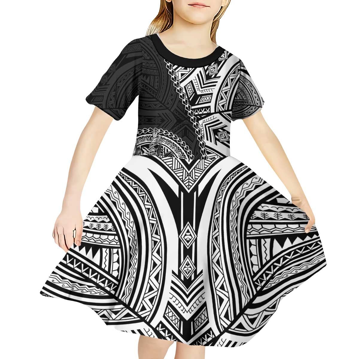 Hibiscus With Black Austronesian Tattoo Pattern Kid Short Sleeve Dress LT05 - Polynesian Pride