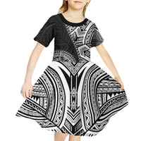 Hibiscus With Black Austronesian Tattoo Pattern Kid Short Sleeve Dress LT05 - Polynesian Pride
