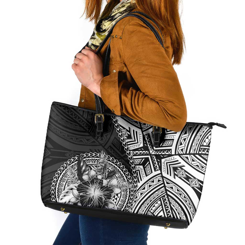 Hibiscus With Black Austronesian Tattoo Pattern Leather Tote Bag - Polynesian Pride