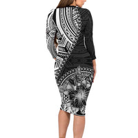 Hibiscus With Black Austronesian Tattoo Pattern Long Sleeve Bodycon Dress - Polynesian Pride