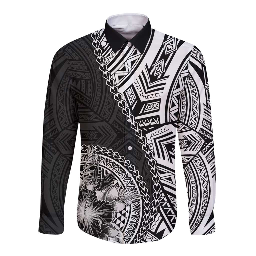 Hibiscus With Black Austronesian Tattoo Pattern Long Sleeve Button Shirt LT05 Unisex Black - Polynesian Pride