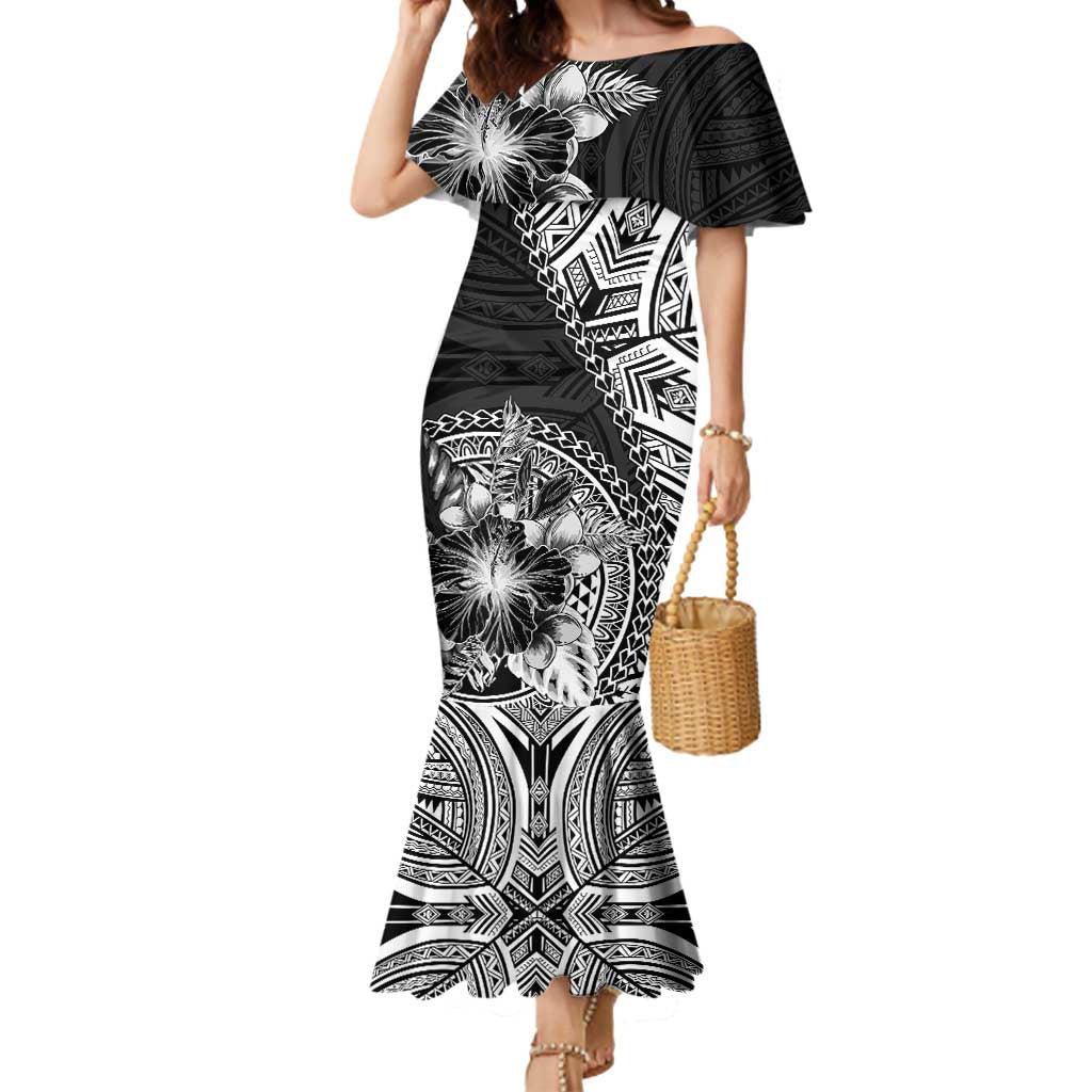 Hibiscus With Black Austronesian Tattoo Pattern Mermaid Dress - Polynesian Pride