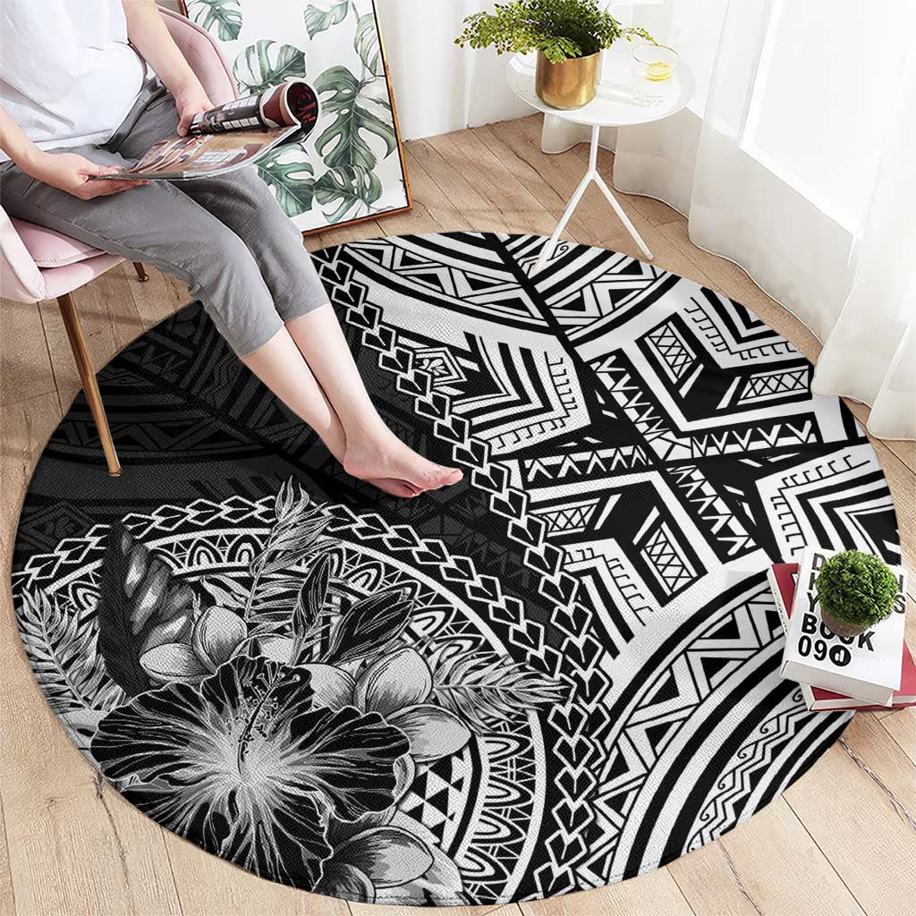 Hibiscus With Black Austronesian Tattoo Pattern Round Carpet - Polynesian Pride